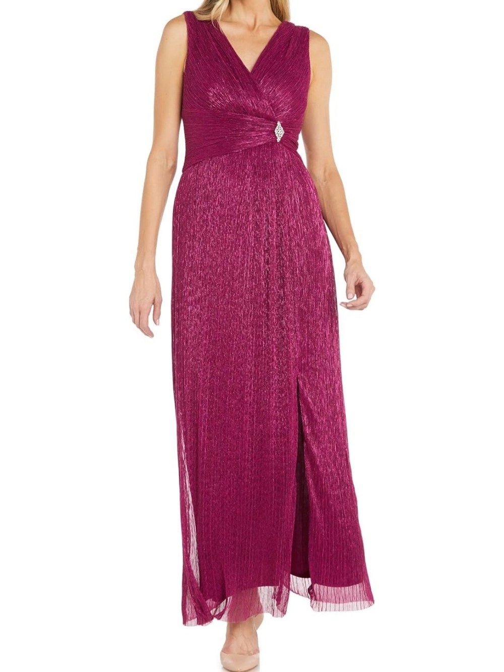 R&M Richards Elegant Shimmer Sleeveless V-Neck Maxi Dress in Fuchsia NWT Size 8